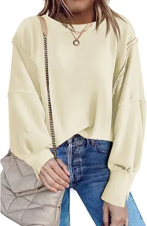 CHARTOU Women Oversized Crewneck Sweatshirt Ripped Distressed Hoodie Lightweight Tunic Shirts Sweatshirt