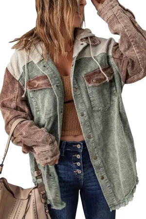 chouyatou Women's Casual Corduroy Open Front Hooded Color Block Shirts Shackets Jacket