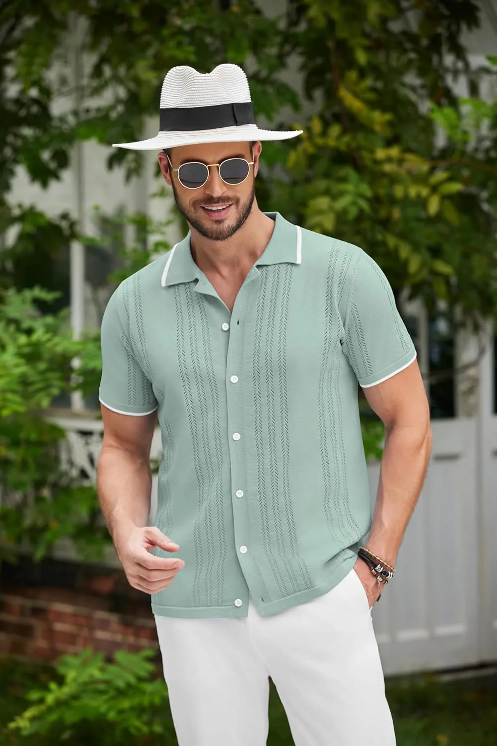 COOFANDY Men's Knit Button Down Shirt Vintage Short Sleeve Polo Shirts Casual Beach Tops