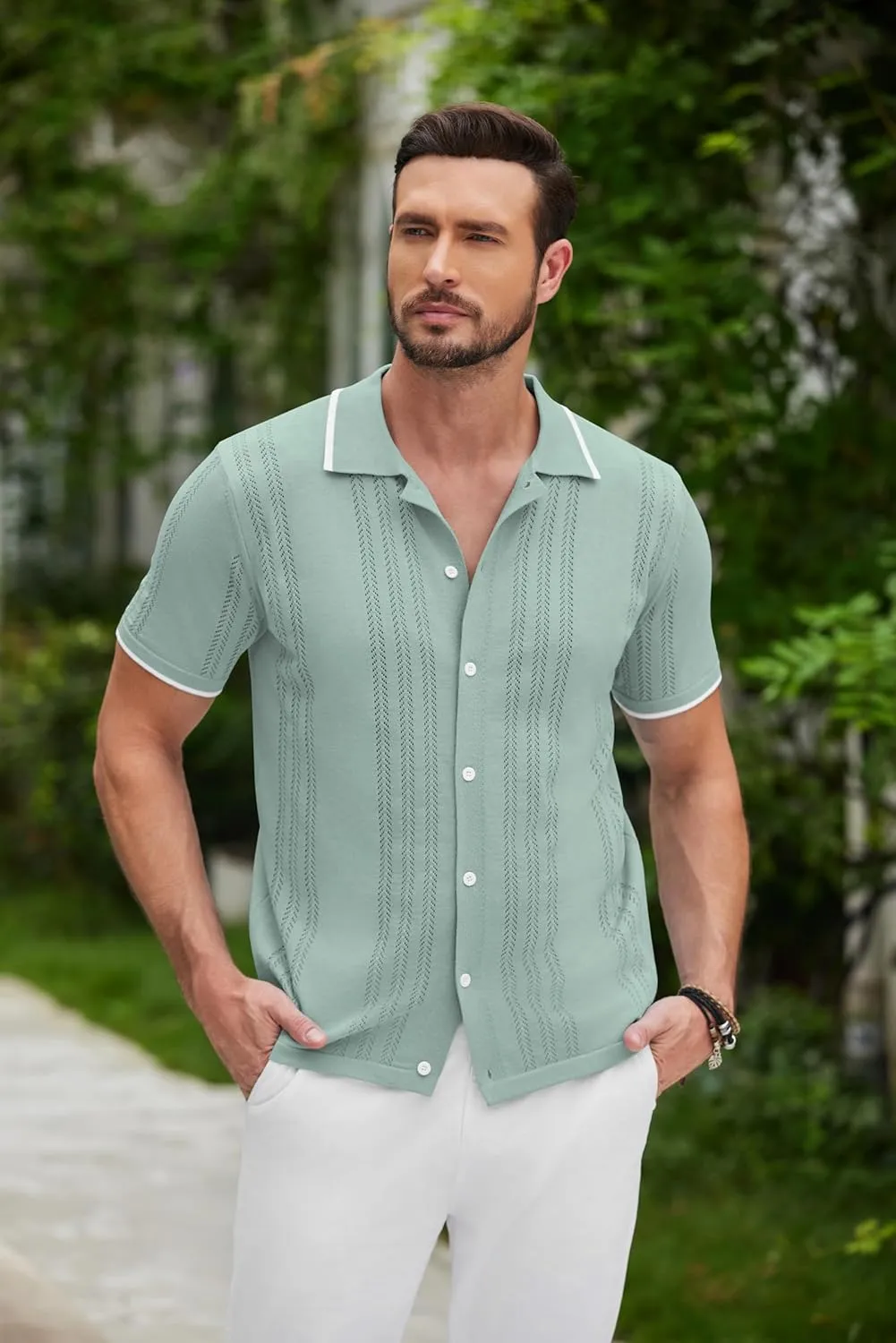 COOFANDY Men's Knit Button Down Shirt Vintage Short Sleeve Polo Shirts Casual Beach Tops