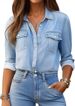 Denim Shirt Women Chambray Jean Western Shirts Long Sleeve Button Down Tops