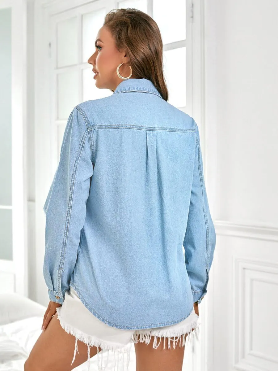 Denim Shirt Women Chambray Jean Western Shirts Long Sleeve Button Down Tops