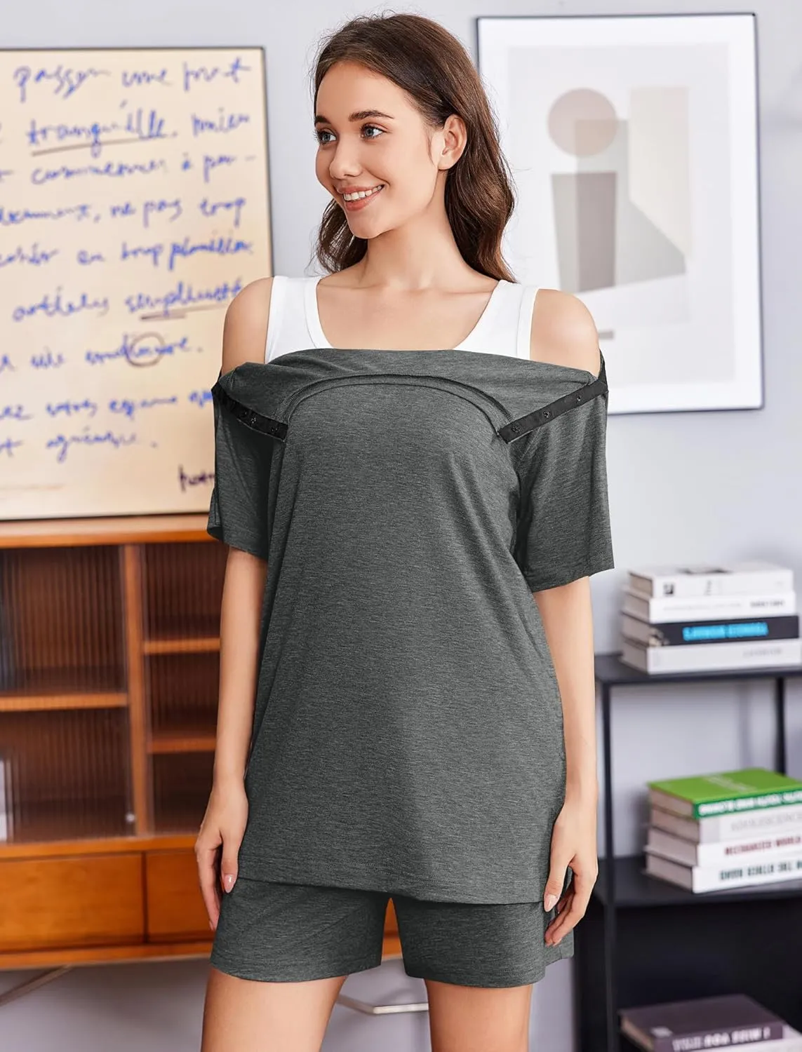 Deyeek Unisex Post Shoulder Surgery Shirts Sets Snap On Clothes for Rotator Cuff Surgery Chemo Port Access Adaptive Gowns