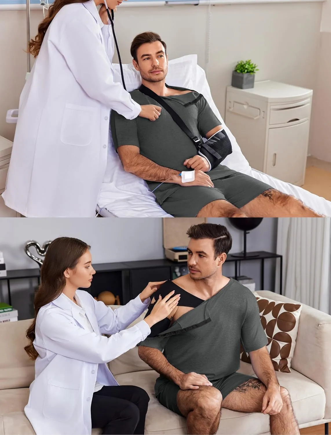 Deyeek Unisex Post Shoulder Surgery Shirts Sets Snap On Clothes for Rotator Cuff Surgery Chemo Port Access Adaptive Gowns