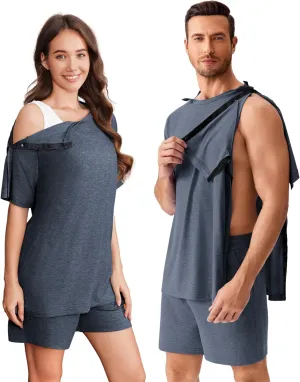 Deyeek Unisex Post Shoulder Surgery Shirts Sets Snap On Clothes for Rotator Cuff Surgery Chemo Port Access Adaptive Gowns