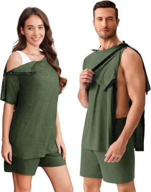 Deyeek Unisex Post Shoulder Surgery Shirts Sets Snap On Clothes for Rotator Cuff Surgery Chemo Port Access Adaptive Gowns