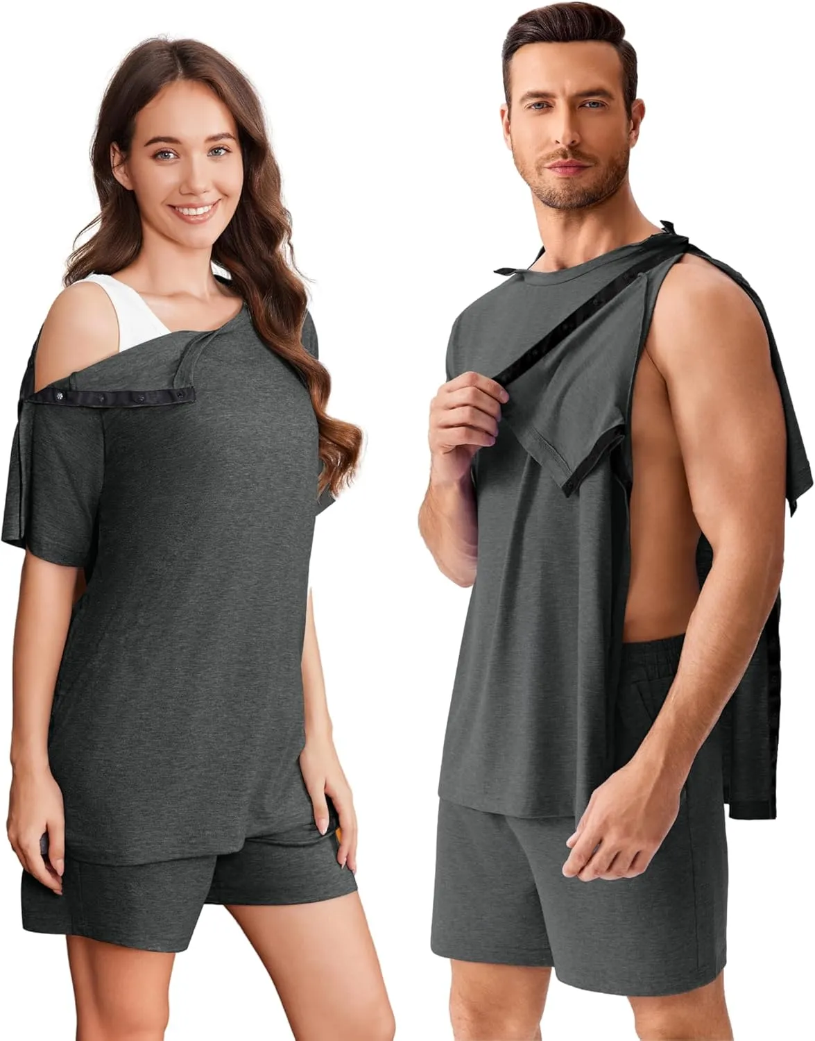 Deyeek Unisex Post Shoulder Surgery Shirts Sets Snap On Clothes for Rotator Cuff Surgery Chemo Port Access Adaptive Gowns