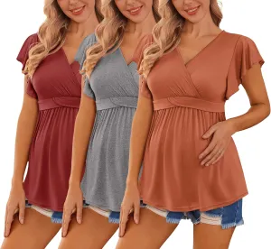 Ekouaer Maternity Shirts 3 Packs Flying Short Sleeve Nursing Tops Pregnancy Clothes