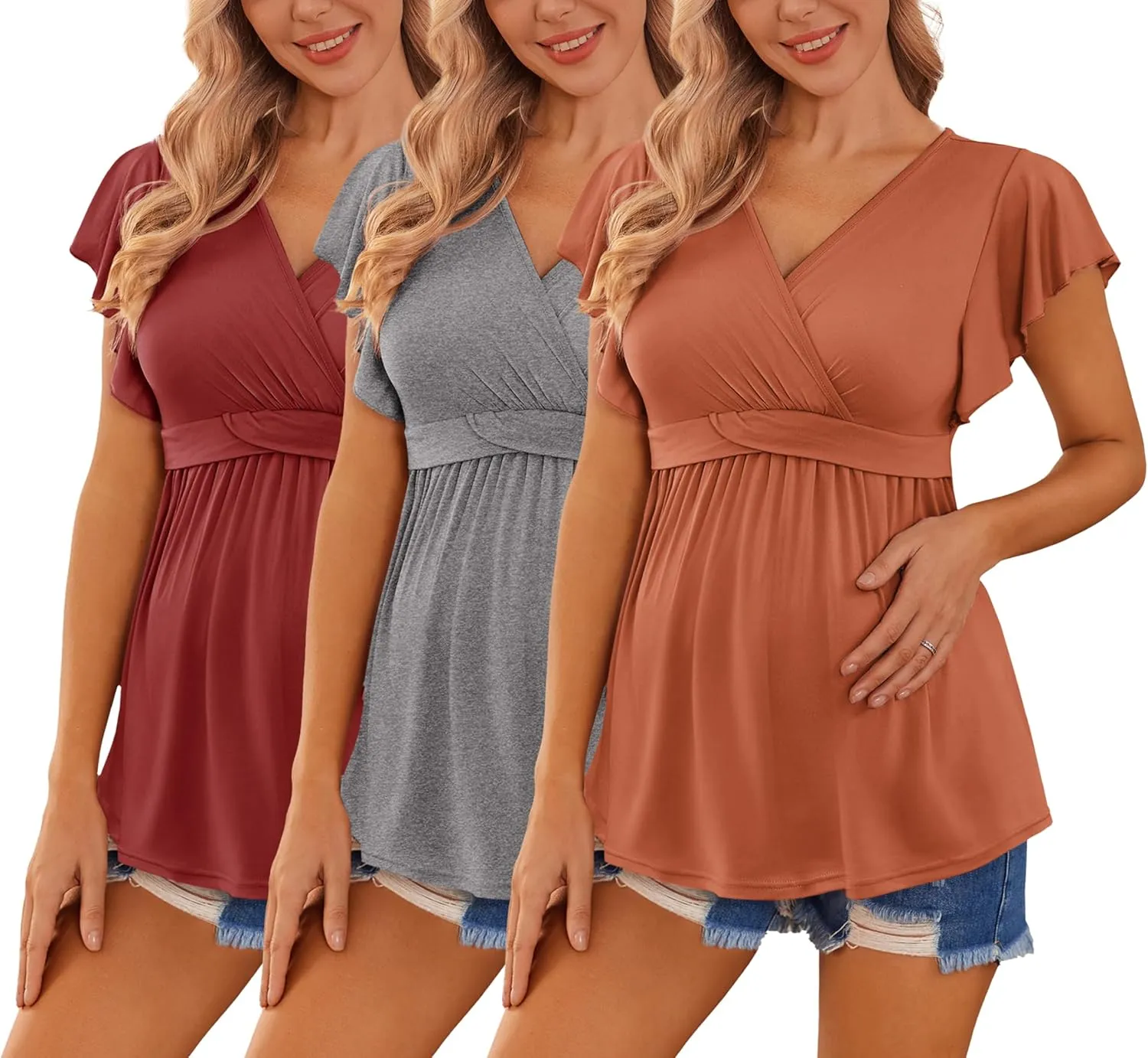 Ekouaer Maternity Shirts 3 Packs Flying Short Sleeve Nursing Tops Pregnancy Clothes