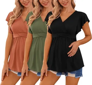 Ekouaer Maternity Shirts 3 Packs Flying Short Sleeve Nursing Tops Pregnancy Clothes