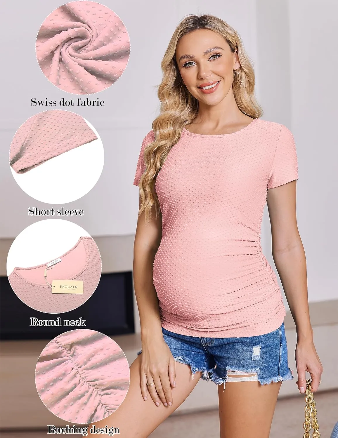 Ekouaer Womens Maternity Shirts 3 Packs Round Neck Short Sleeve Side Ruched Swiss Dot T Shirt Tops S-XXL