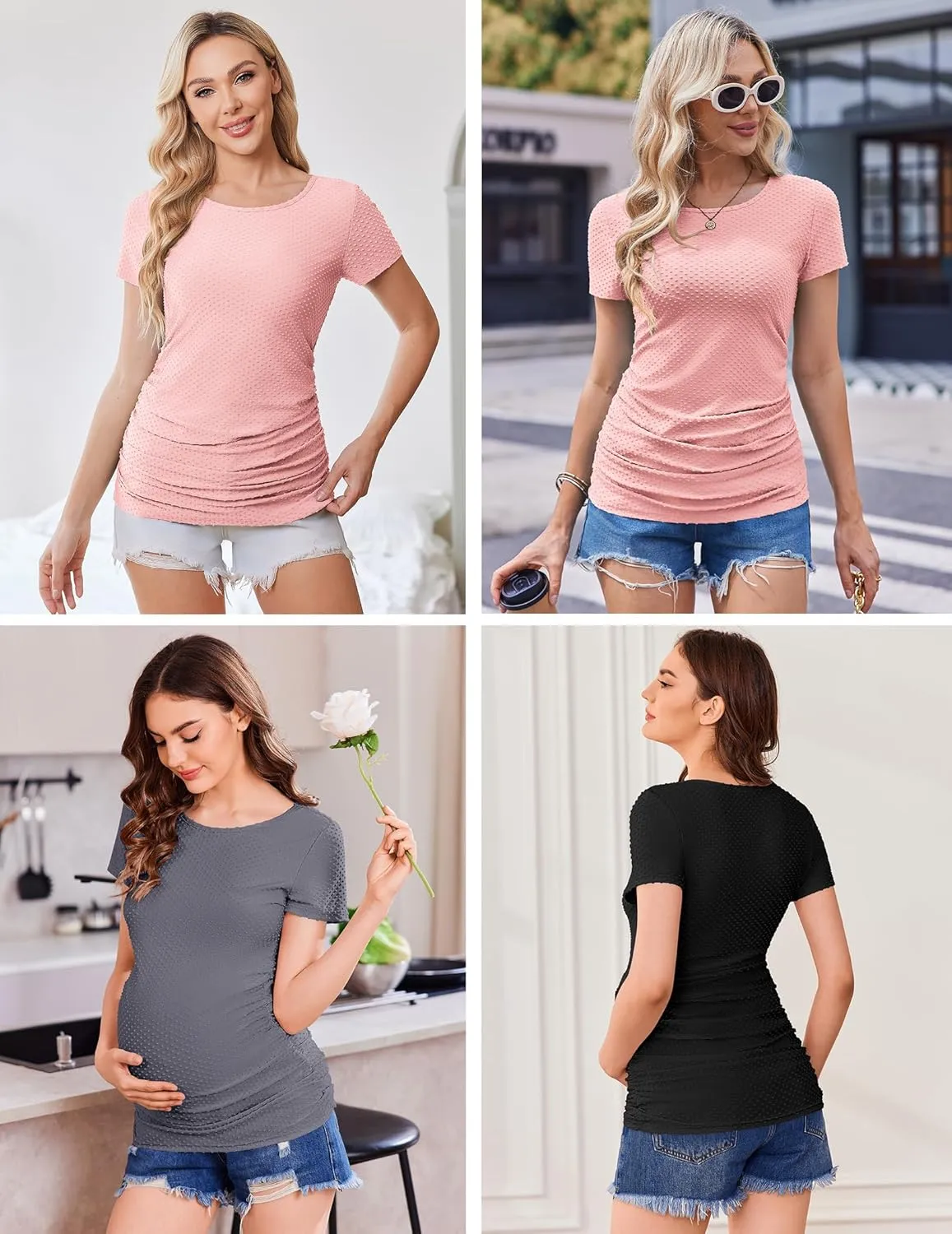 Ekouaer Womens Maternity Shirts 3 Packs Round Neck Short Sleeve Side Ruched Swiss Dot T Shirt Tops S-XXL