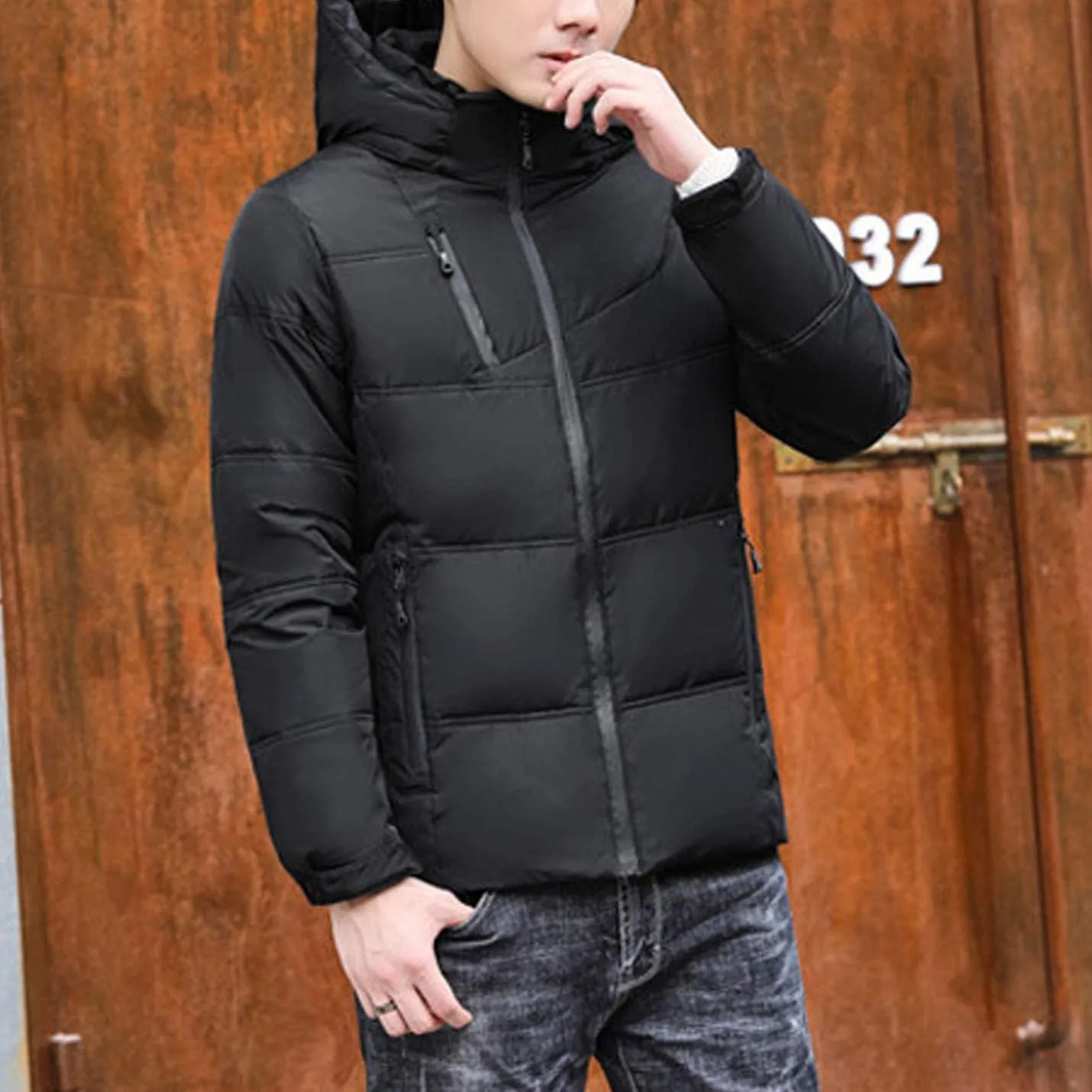 Flygo Men's Thicken Quilted Padded Winter Coat Removable Hood Cotton Down Jacket