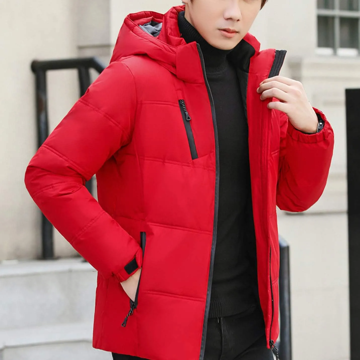Flygo Men's Thicken Quilted Padded Winter Coat Removable Hood Cotton Down Jacket