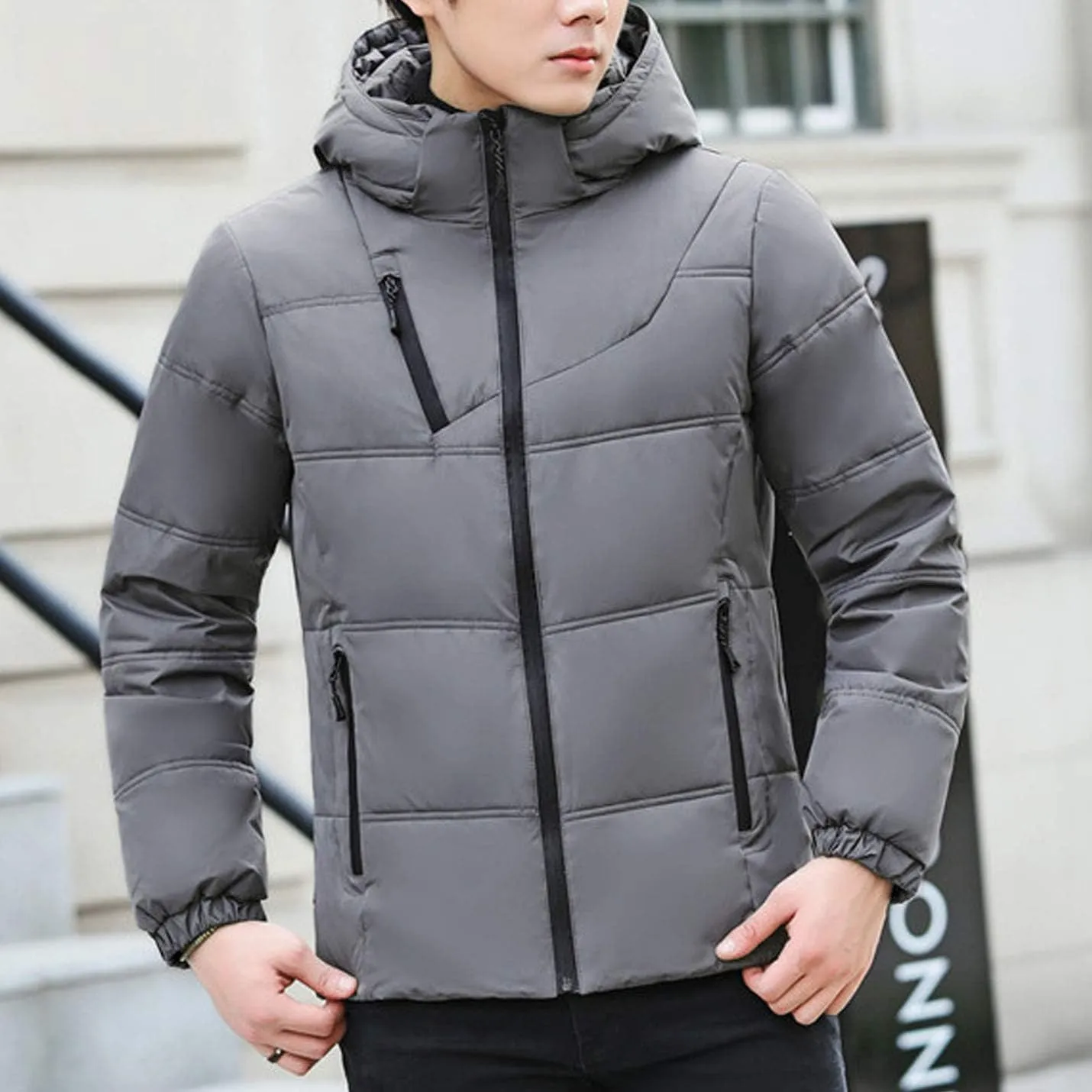Flygo Men's Thicken Quilted Padded Winter Coat Removable Hood Cotton Down Jacket