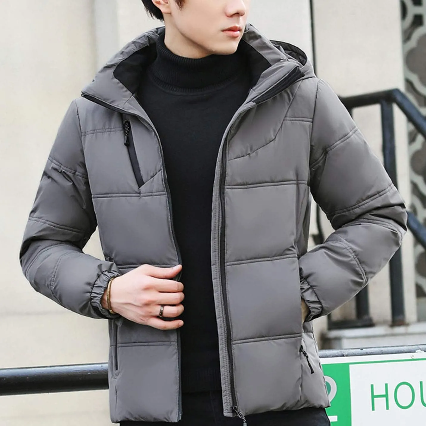 Flygo Men's Thicken Quilted Padded Winter Coat Removable Hood Cotton Down Jacket