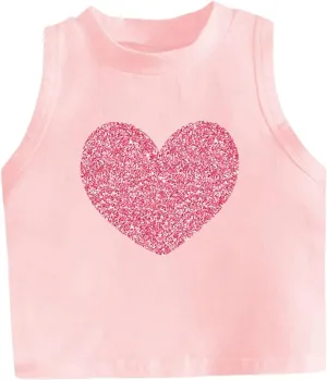 Girl's Glitter Heart Print Tank Top Sleeveless Crew Neck Loose Fit Casual Shirts