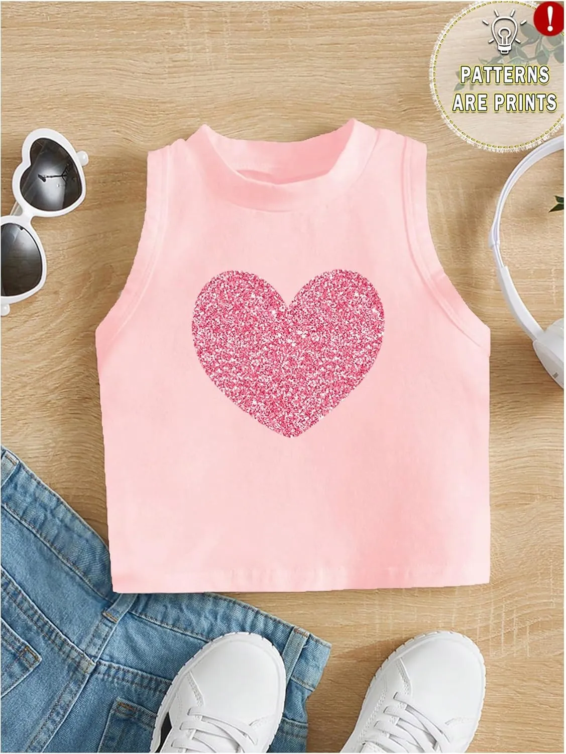 Girl's Glitter Heart Print Tank Top Sleeveless Crew Neck Loose Fit Casual Shirts