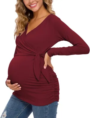 Glampunch Women's Maternity Shirts Short & Long Sleeve Tie Front Wrap Maternity Tops