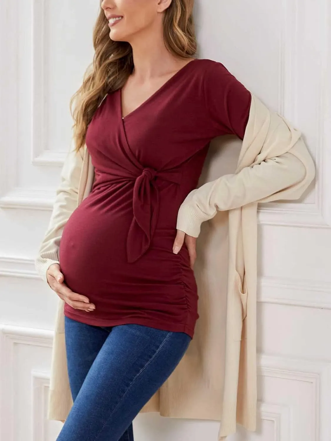 Glampunch Women's Maternity Shirts Short & Long Sleeve Tie Front Wrap Maternity Tops