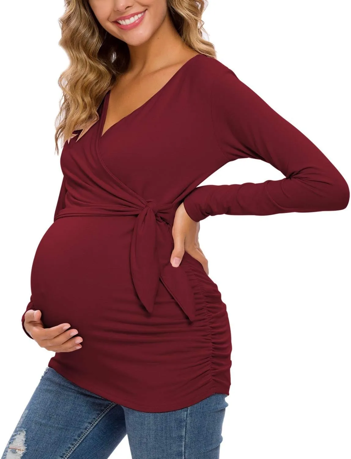Glampunch Women's Maternity Shirts Short & Long Sleeve Tie Front Wrap Maternity Tops