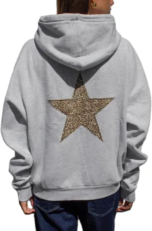 Graphic Hoodies Women Y2k Oversized Sweatshirt Long Sleeve Pullover Sweater Cute Hooded Preppy Top Aesthetic Shirts (Gray Leopard Star, M)