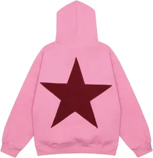Graphic Hoodies Women Y2k Oversized Sweatshirt Long Sleeve Pullover Sweater Cute Hooded Preppy Top Aesthetic Shirts (Pink Red Star, M)