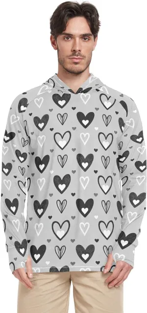Grey Black Hearts Mens Sun Shirts Protection Long Sleeve Sun Shirt With Hood UPF 50  Quick-Dry Hooded Rashguard For Men Hooded Fishing Shirts camisas para trabajo