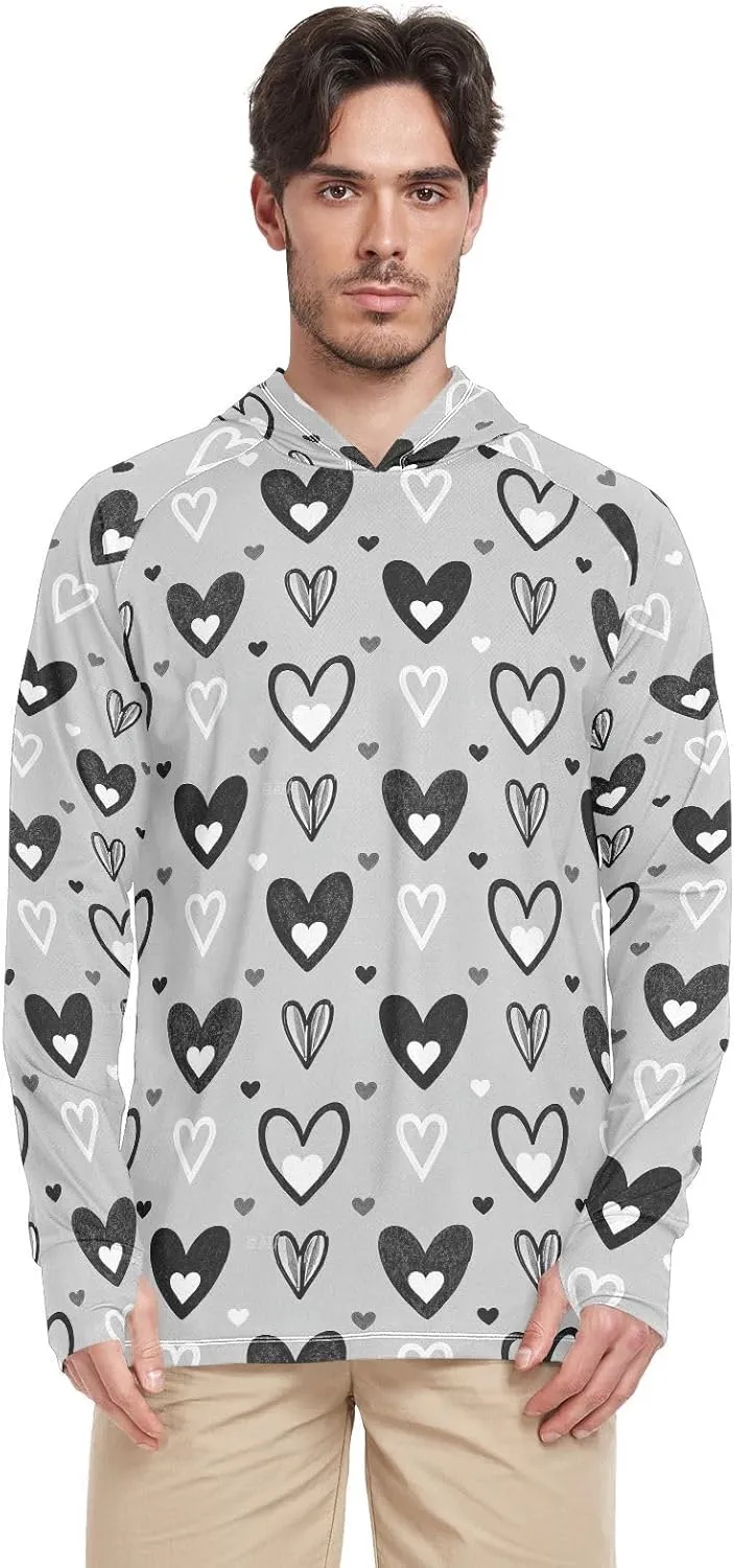 Grey Black Hearts Mens Sun Shirts Protection Long Sleeve Sun Shirt With Hood UPF 50  Quick-Dry Hooded Rashguard For Men Hooded Fishing Shirts camisas para trabajo