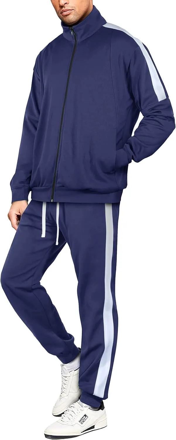 Hat and Beyond Mens Premium USA Made Striped Track Suit Athletic Casual Running Workout Sweat Suit Combo Track Jacket & Pant
