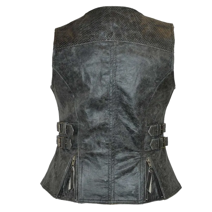 HML1037DG Ladies Distressed Gray Vest with Buckles