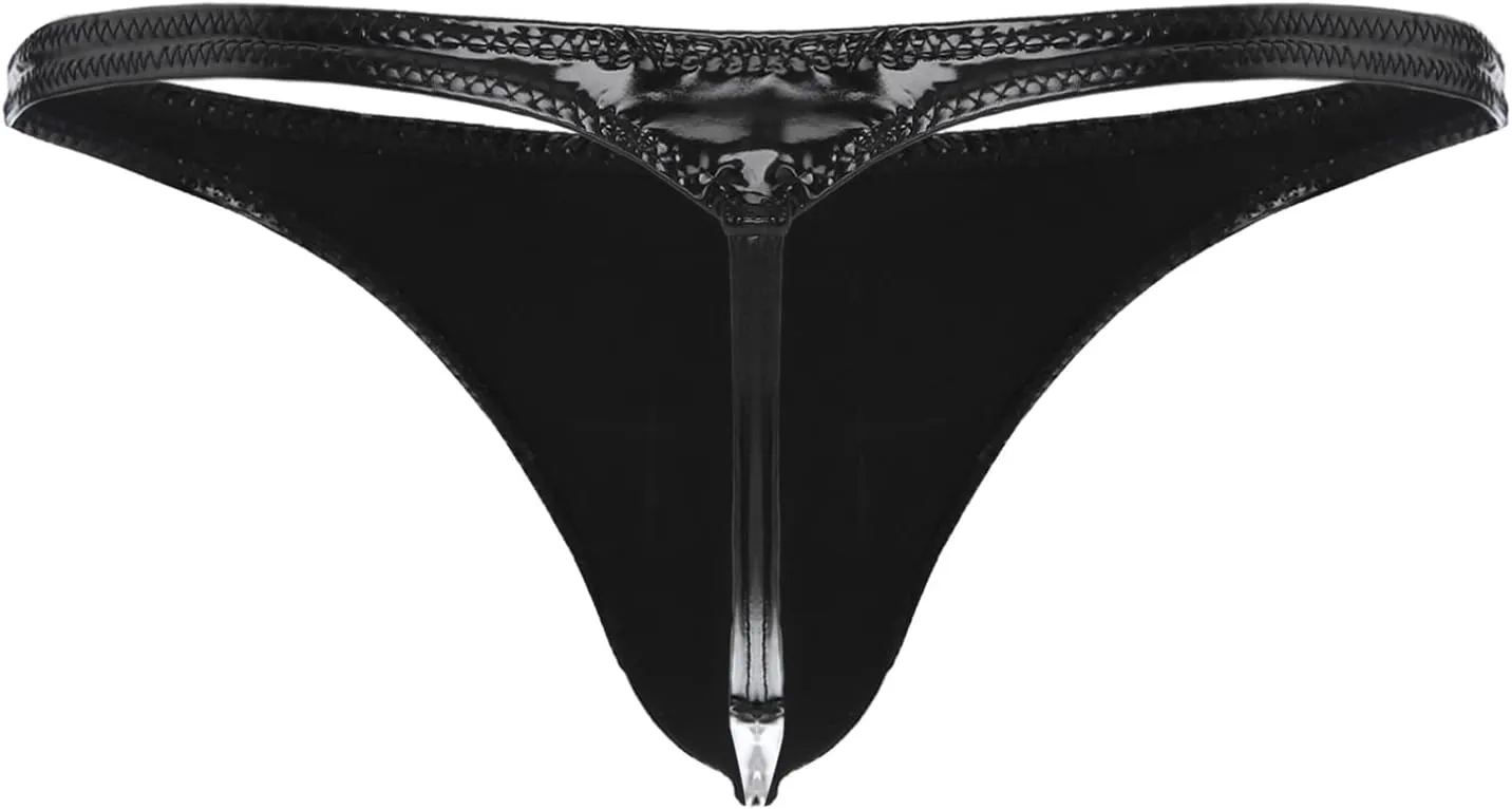 Hularka Men's Patent Leather Low Rise G-strings Underwear Latex String Bikini Briefs Underpants