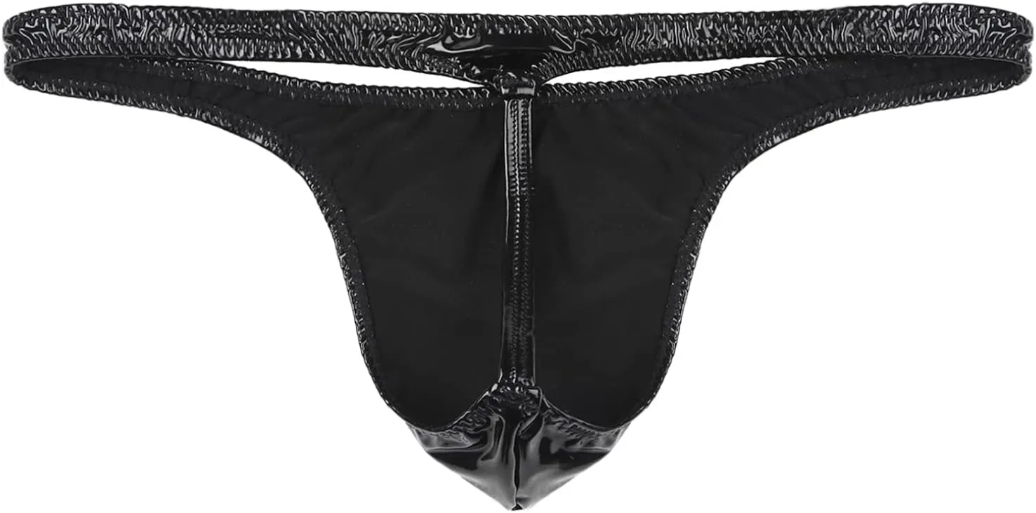 Hularka Men's Patent Leather Low Rise G-strings Underwear Latex String Bikini Briefs Underpants