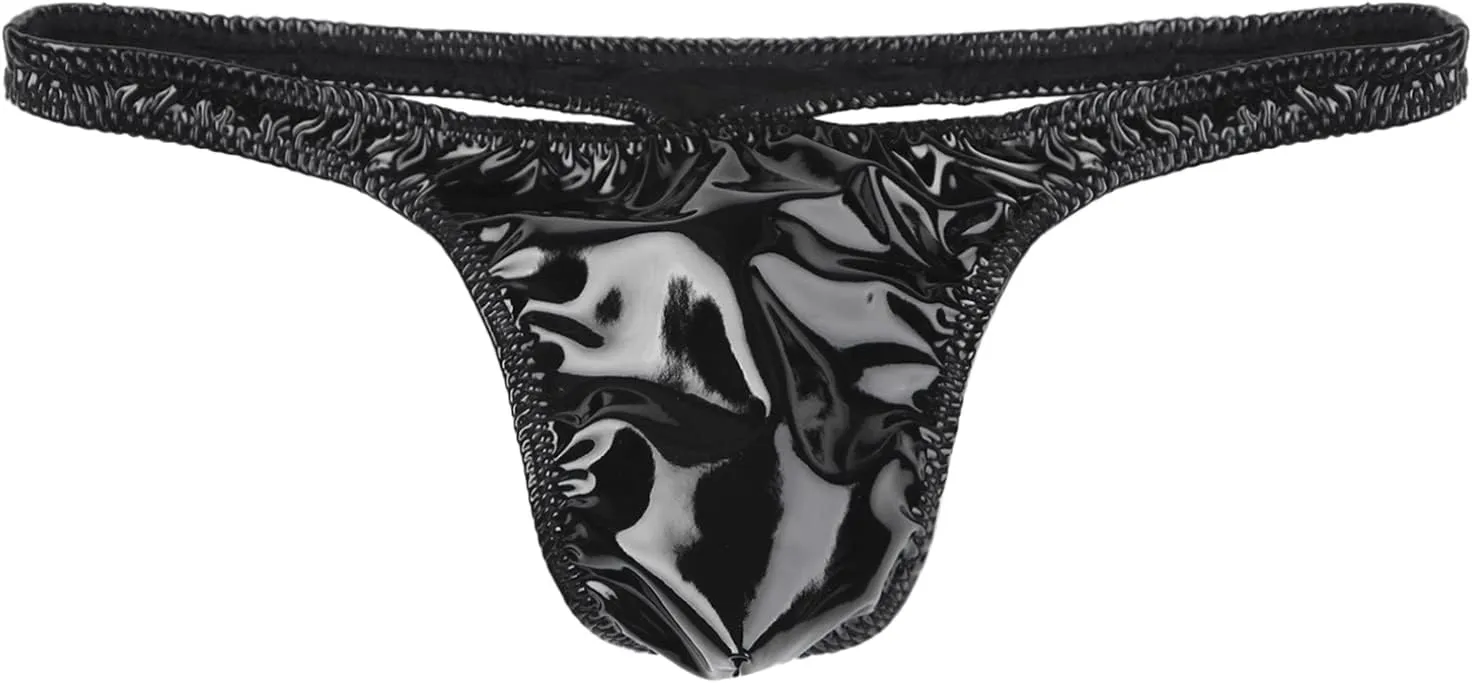 Hularka Men's Patent Leather Low Rise G-strings Underwear Latex String Bikini Briefs Underpants