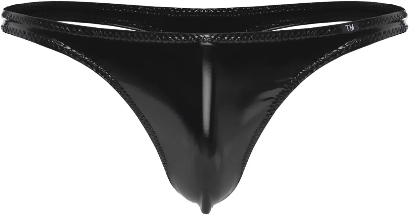 Hularka Men's Patent Leather Low Rise G-strings Underwear Latex String Bikini Briefs Underpants