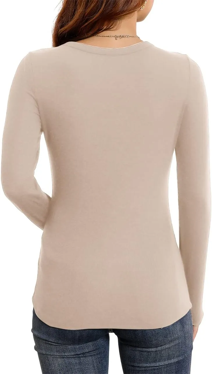 HWOKEFEIYU Womens Fall Long Sleeve Stretch Slim Round Neck Ribbed Basic Shirts