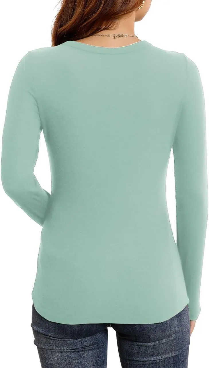 HWOKEFEIYU Womens Fall Long Sleeve Stretch Slim Round Neck Ribbed Basic Shirts