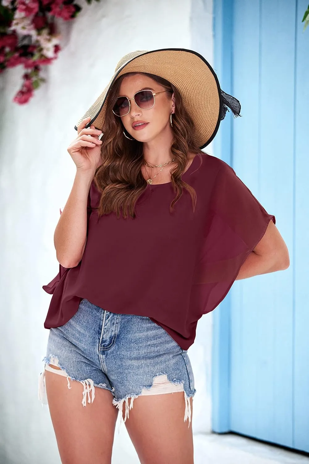 IN'VOLAND Plus Size Women Chiffon Blouse Batwing Sleeve Tops Scoop Neck Tunic Shirts
