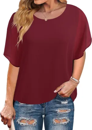 IN'VOLAND Plus Size Women Chiffon Blouse Batwing Sleeve Tops Scoop Neck Tunic Shirts