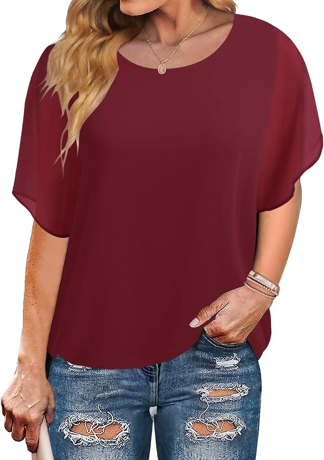 IN'VOLAND Plus Size Women Chiffon Blouse Batwing Sleeve Tops Scoop Neck Tunic Shirts