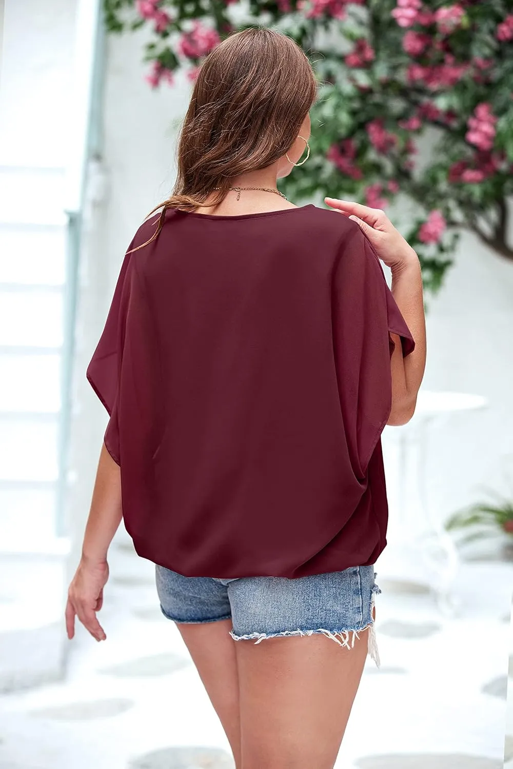 IN'VOLAND Plus Size Women Chiffon Blouse Batwing Sleeve Tops Scoop Neck Tunic Shirts