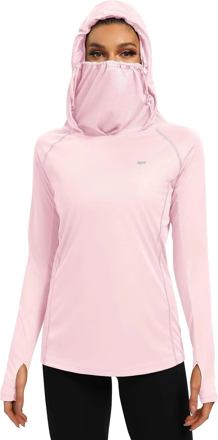 IUGA SPF Shirt Women Sun Protection Clothing UPF 50  Hoodie with Face Cover UV Hiking Long Sleeve Shirts Lightweight Outdoor