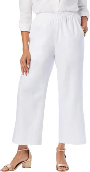 Jessica London Women's Plus Size Wide Leg Linen Crop Pants Elastic Waist