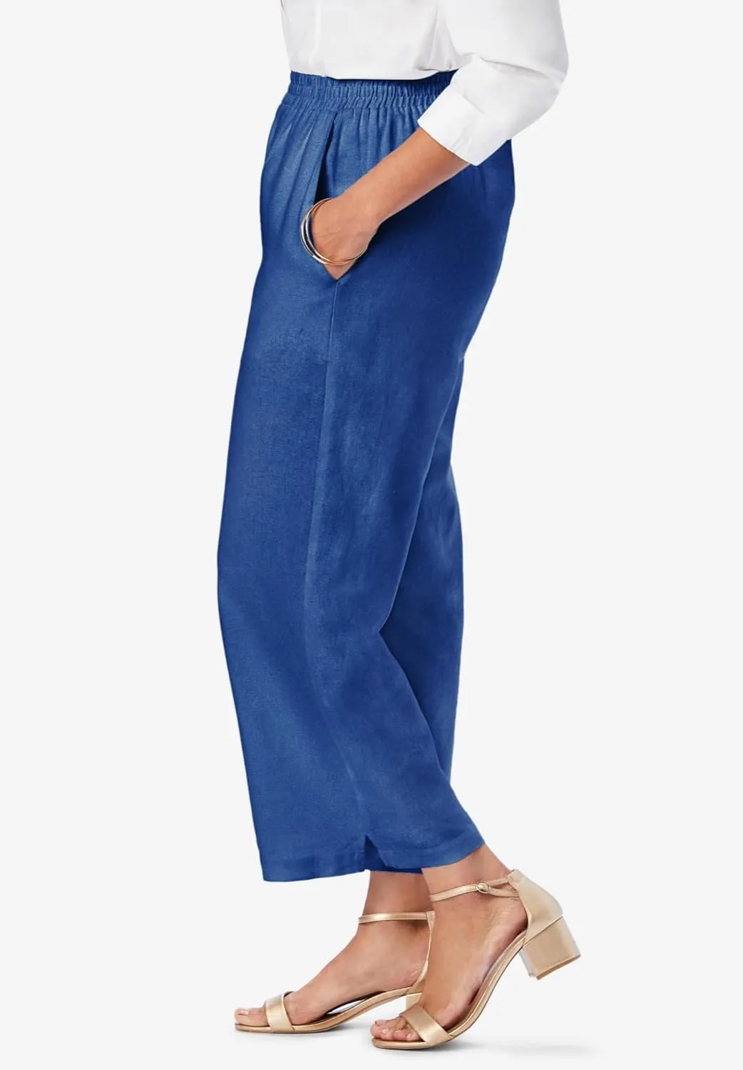 Jessica London Women's Plus Size Wide Leg Linen Crop Pants Elastic Waist