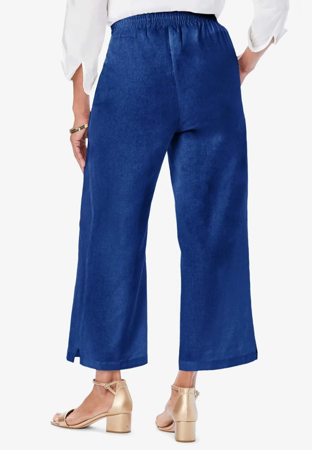 Jessica London Women's Plus Size Wide Leg Linen Crop Pants Elastic Waist