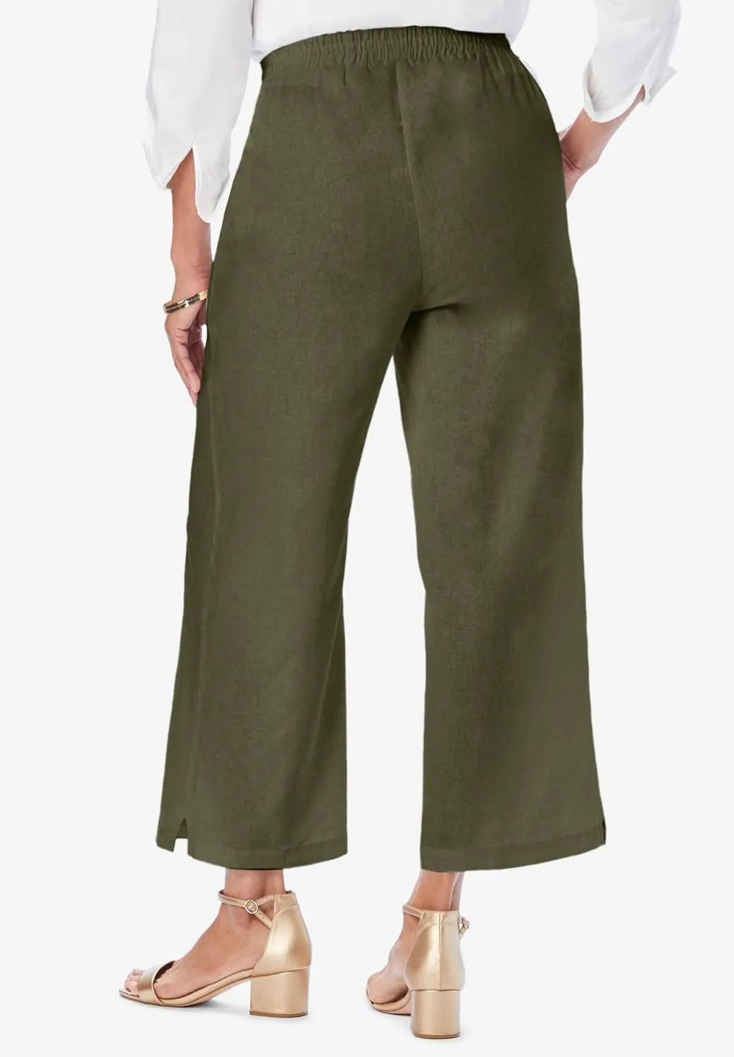 Jessica London Women's Plus Size Wide Leg Linen Crop Pants Elastic Waist