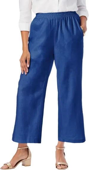 Jessica London Women's Plus Size Wide Leg Linen Crop Pants Elastic Waist