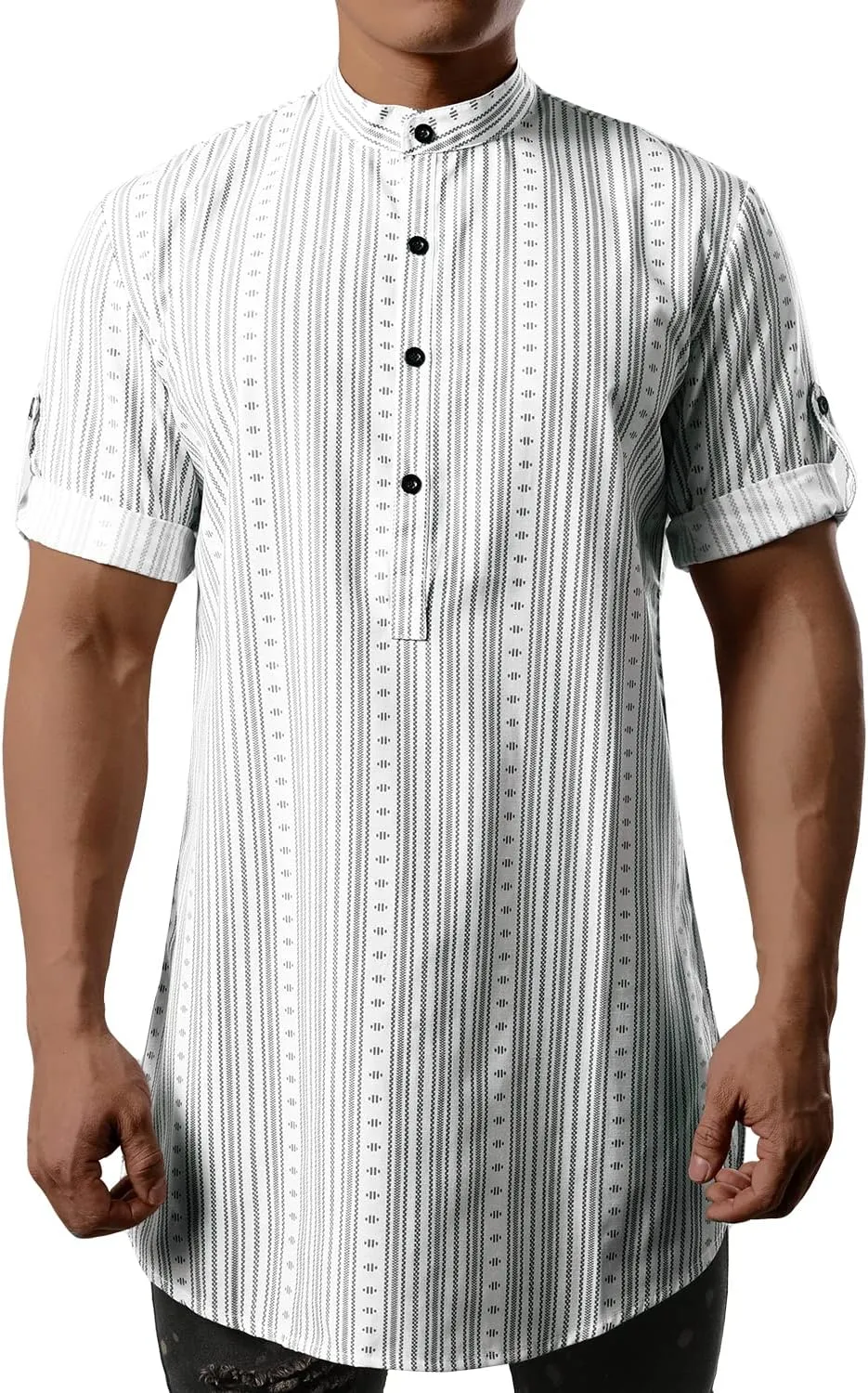 JOGAL Mens Striped Henley Shirt Short Sleeve Traditional African Style Dashiki Shirts