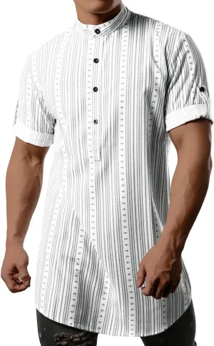 JOGAL Mens Striped Henley Shirt Short Sleeve Traditional African Style Dashiki Shirts