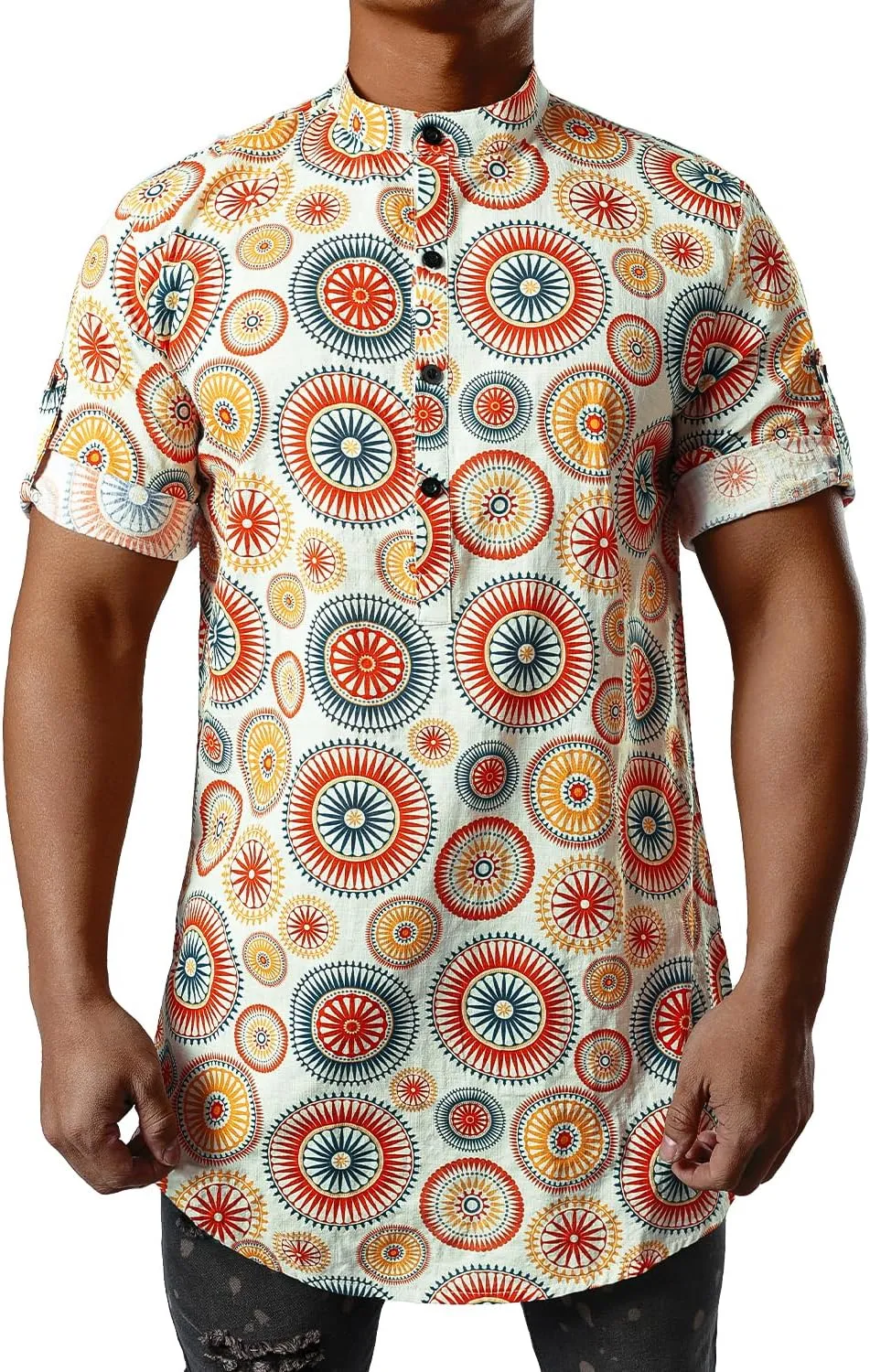 JOGAL Mens Striped Henley Shirt Short Sleeve Traditional African Style Dashiki Shirts